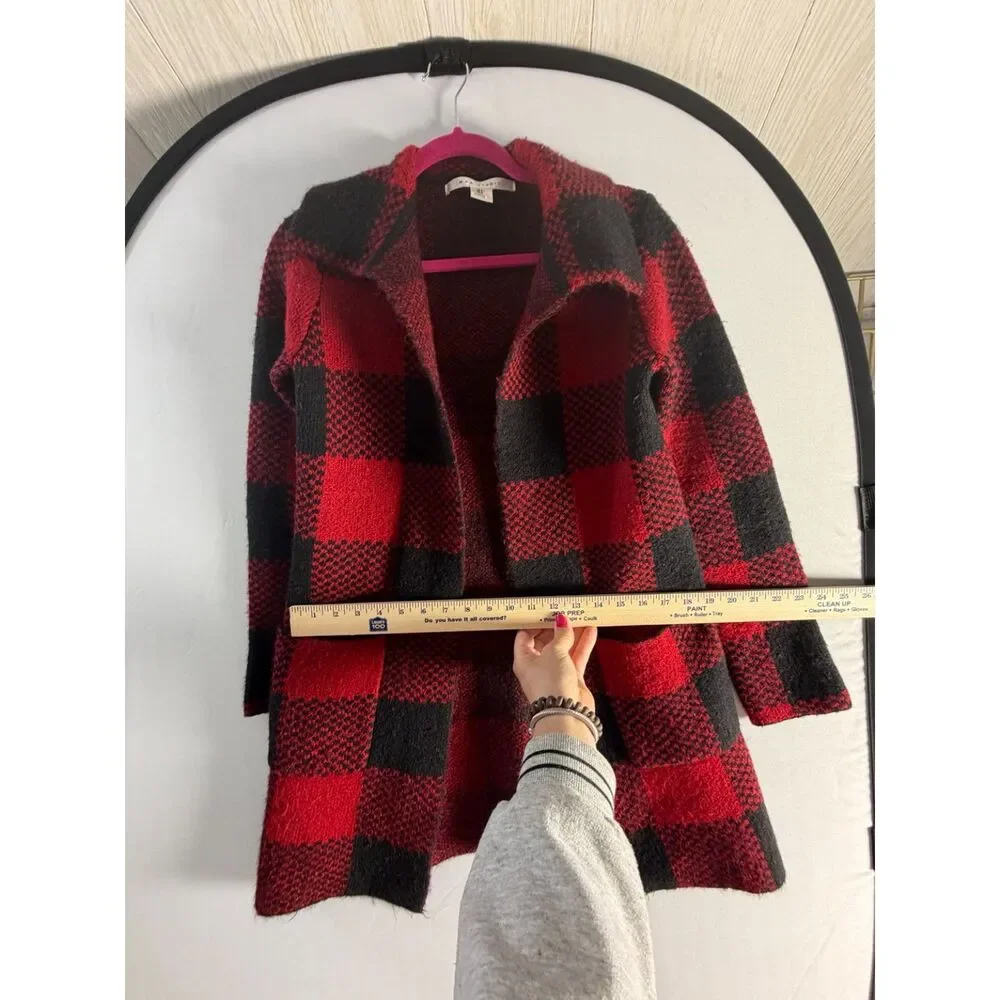 Max Studio Red Black Buffalo Plaid Open Front Cardigan Sweater Jacket